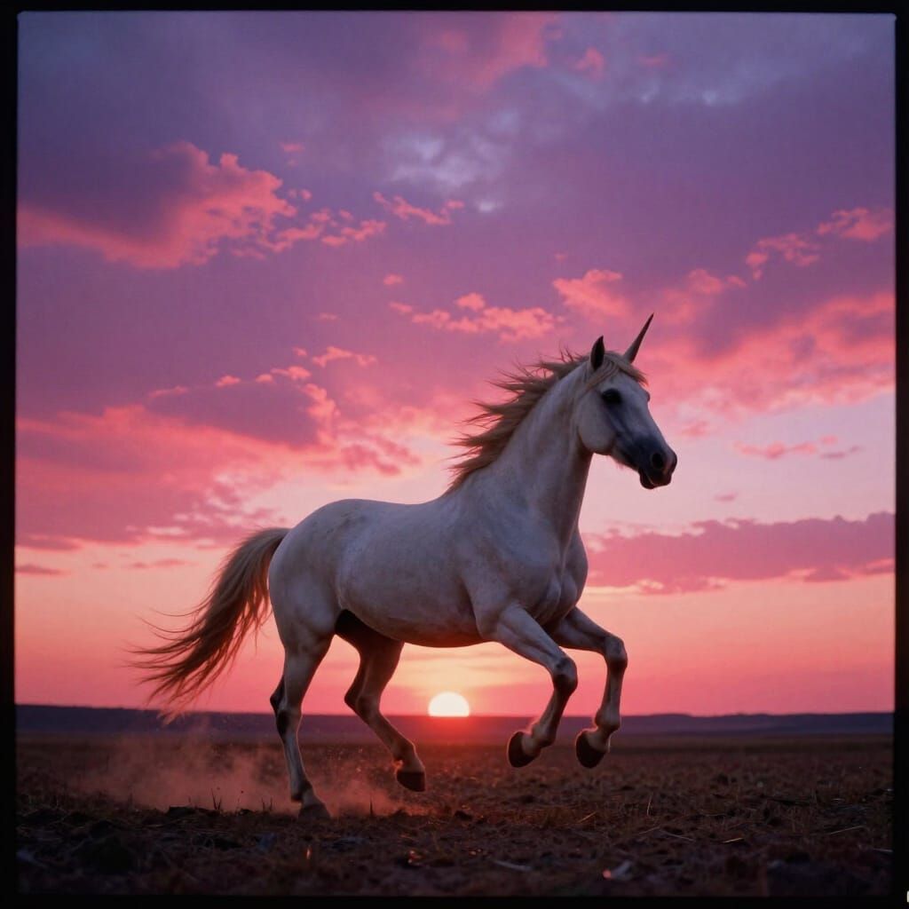 Majestic Unicorn Gallops at Vibrant Sunset