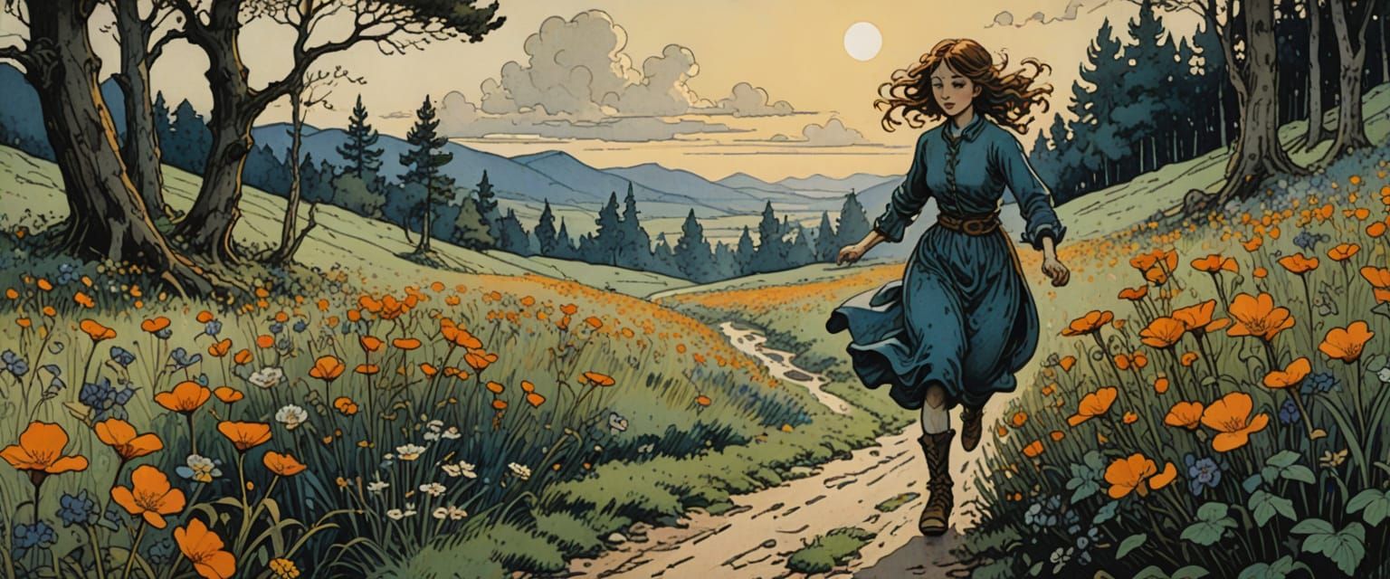 Girl Chasing Butterflies in Flower Field, Comic Book Style