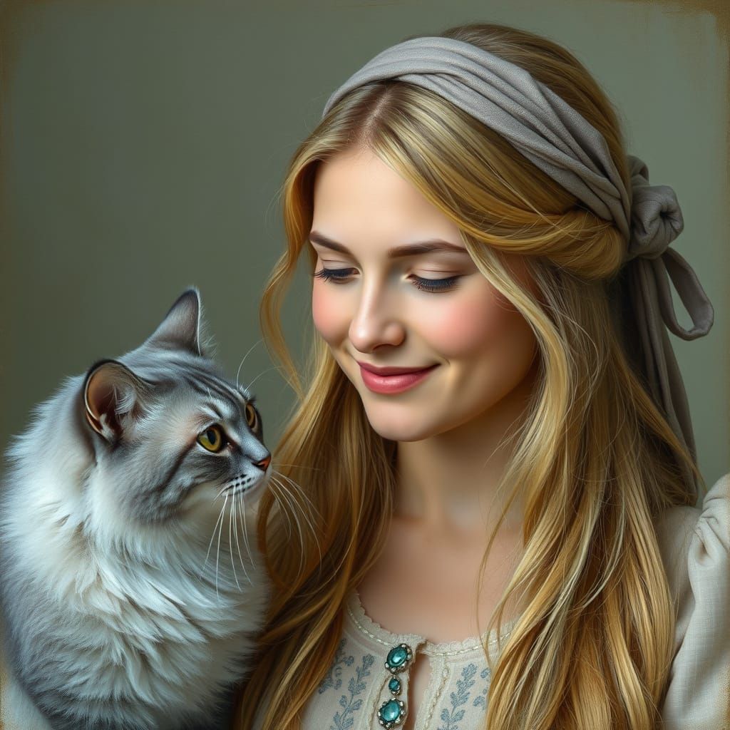 Elegant Woman Gazing at Majestic Blue Persian Cat in Soft Fo...