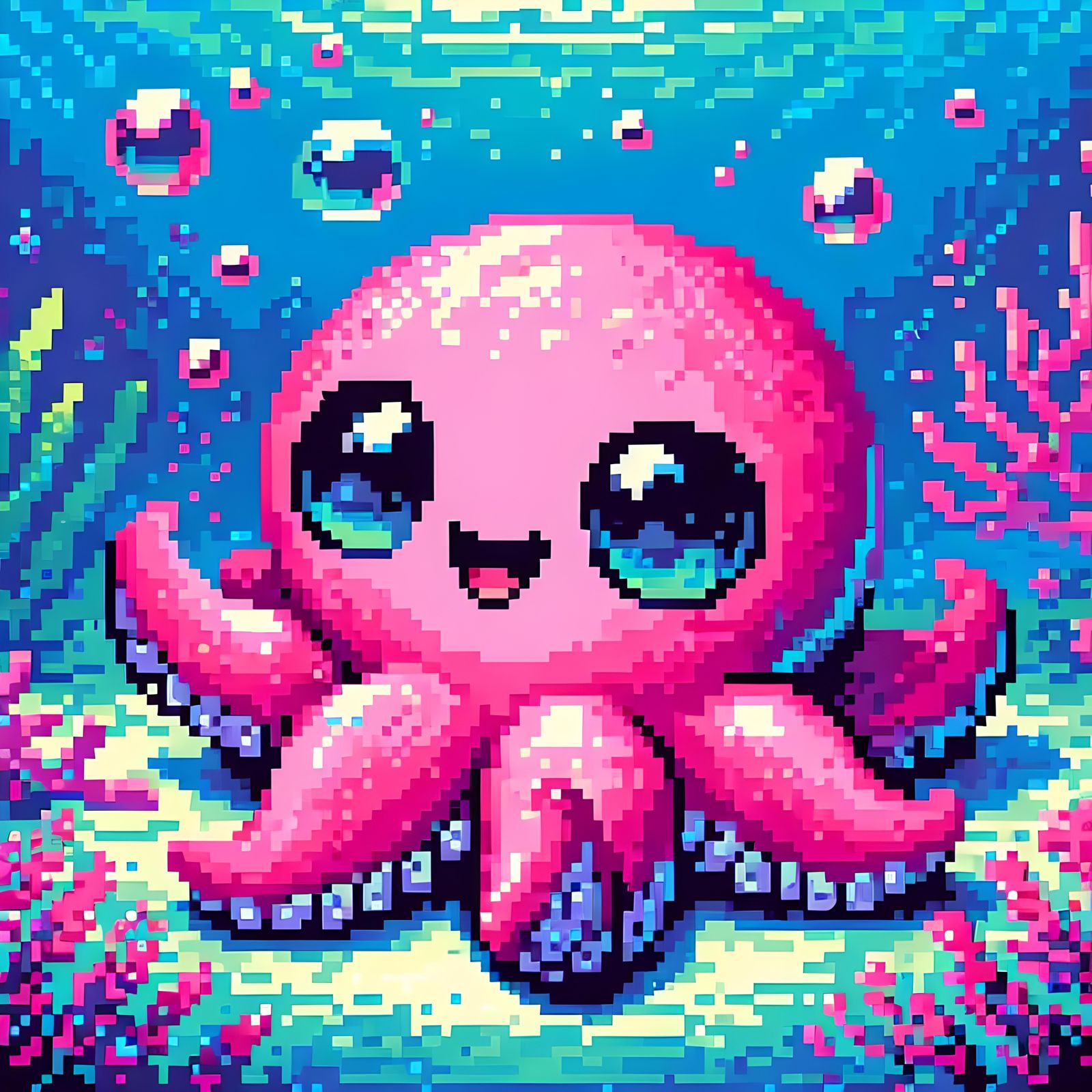 Cute Pink Octopus Pixel Art Under the Sea