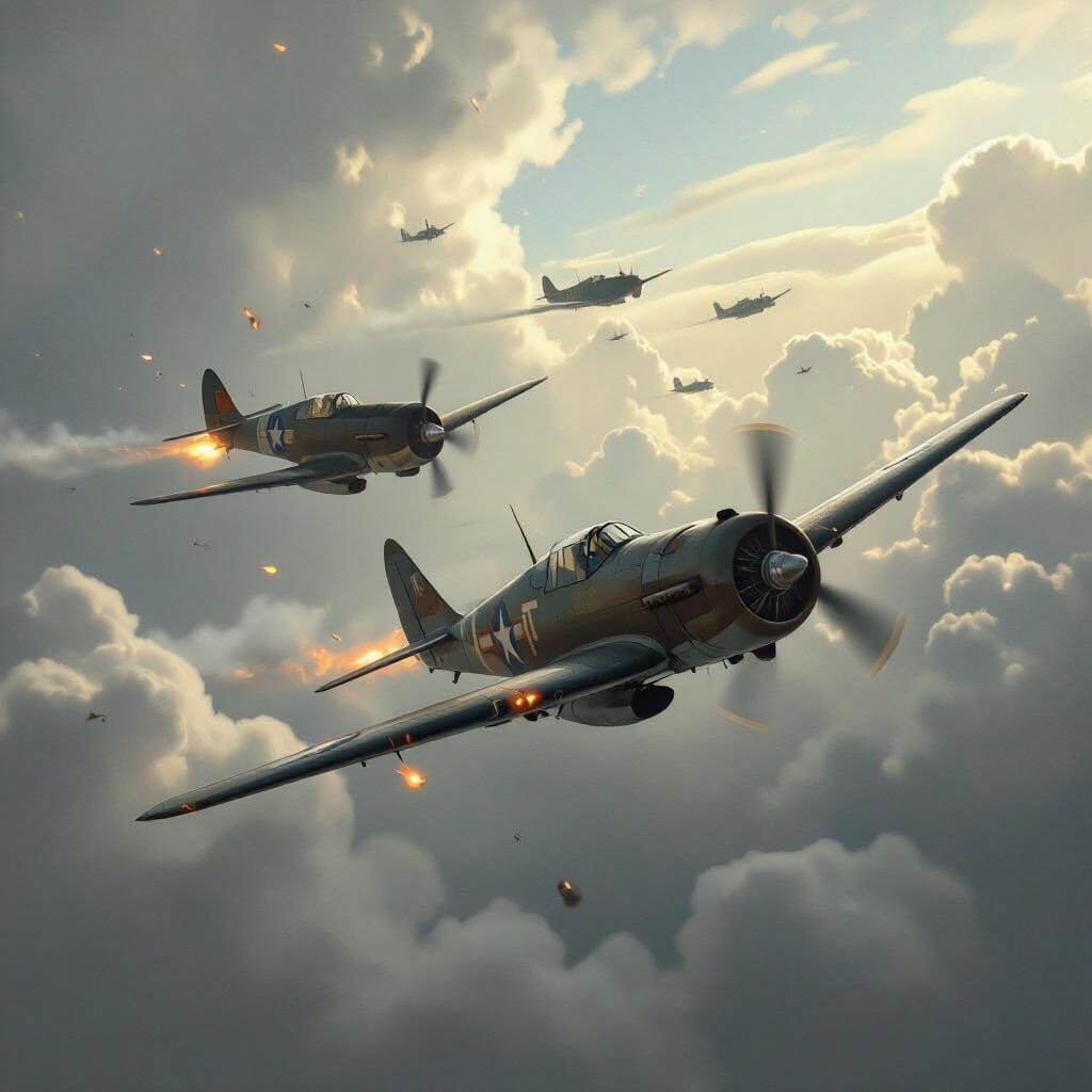 WWII Dogfight in Skies: Retro-Futuristic Style
