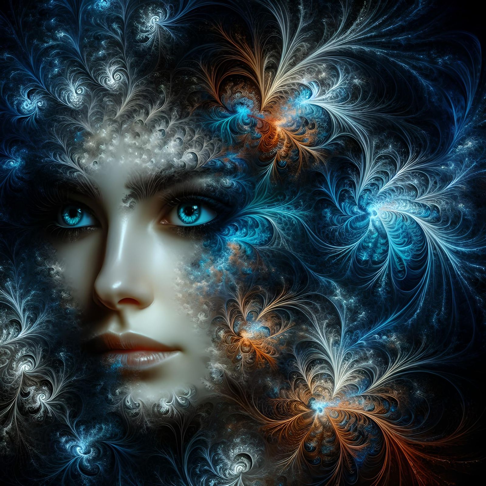 Mystical Fractal Portrait of a Woman with Blue Eyes