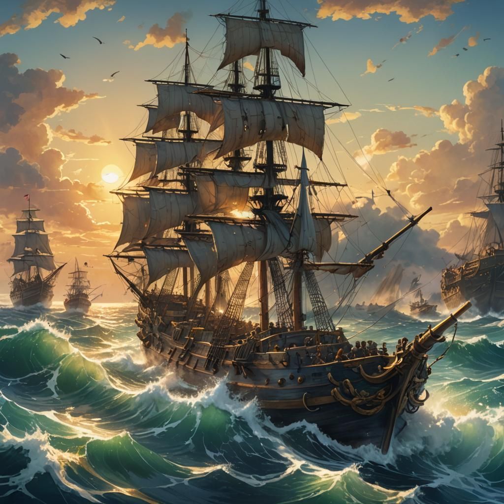 Pirate Battle on the High Seas in Watercolor Style