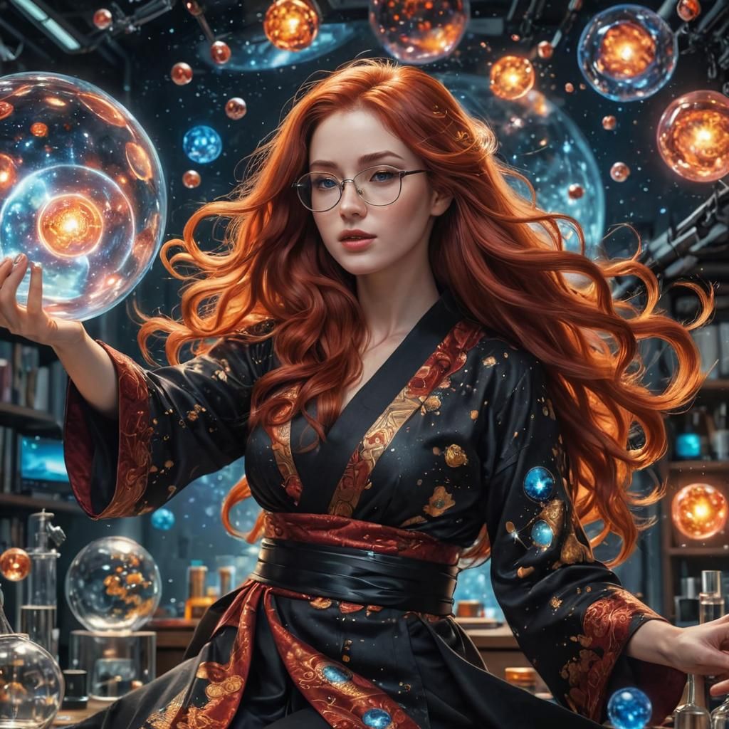 Ethereal Lab Sorceress in Holographic Cosmic Illustration