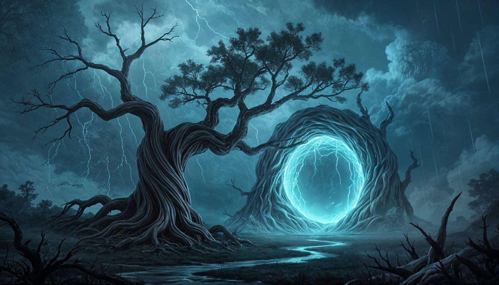 Ancient Tree Roots Delve Into Otherworldly Portal