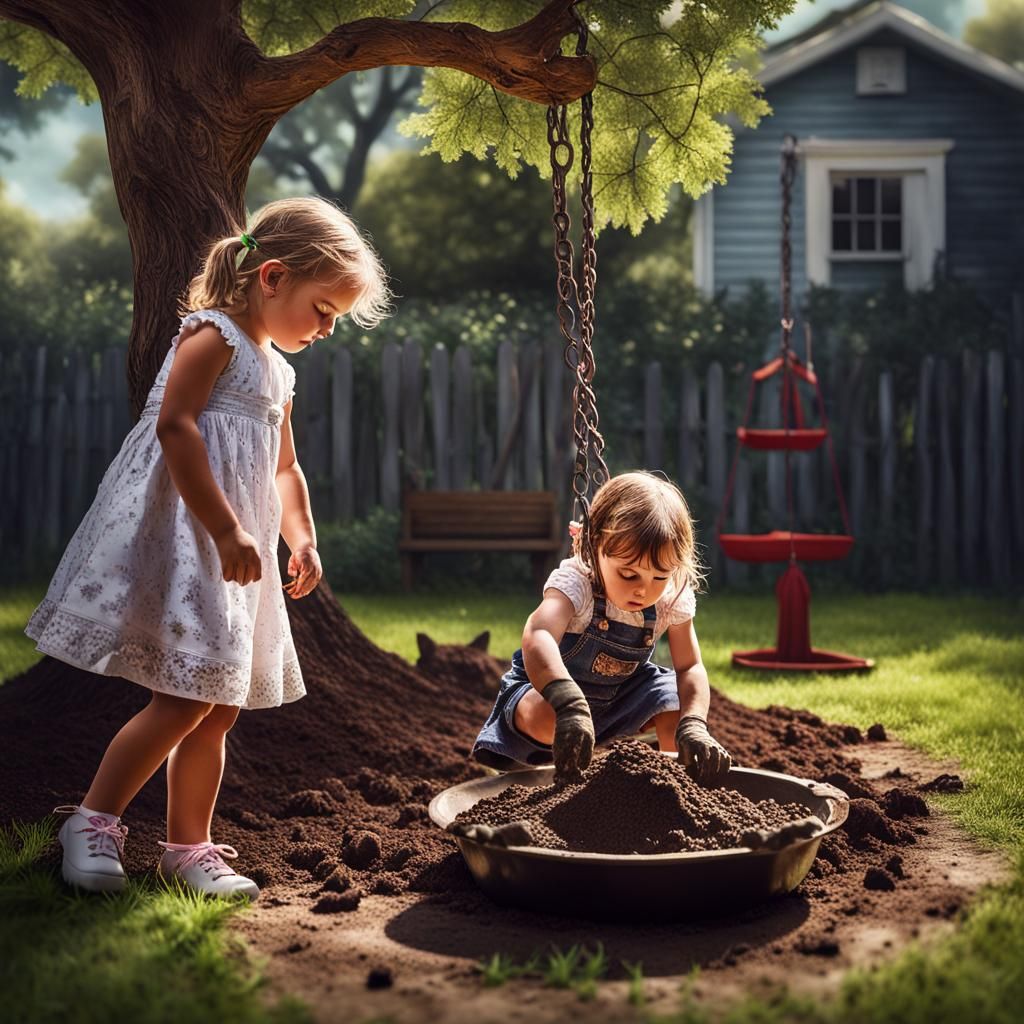 Girl Making Mud Pies with Kitten Companion