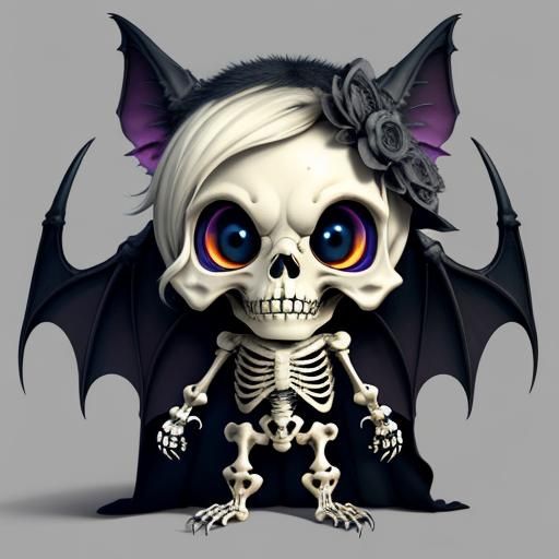 Cute Chibi Skeleton Bat with Open Wings