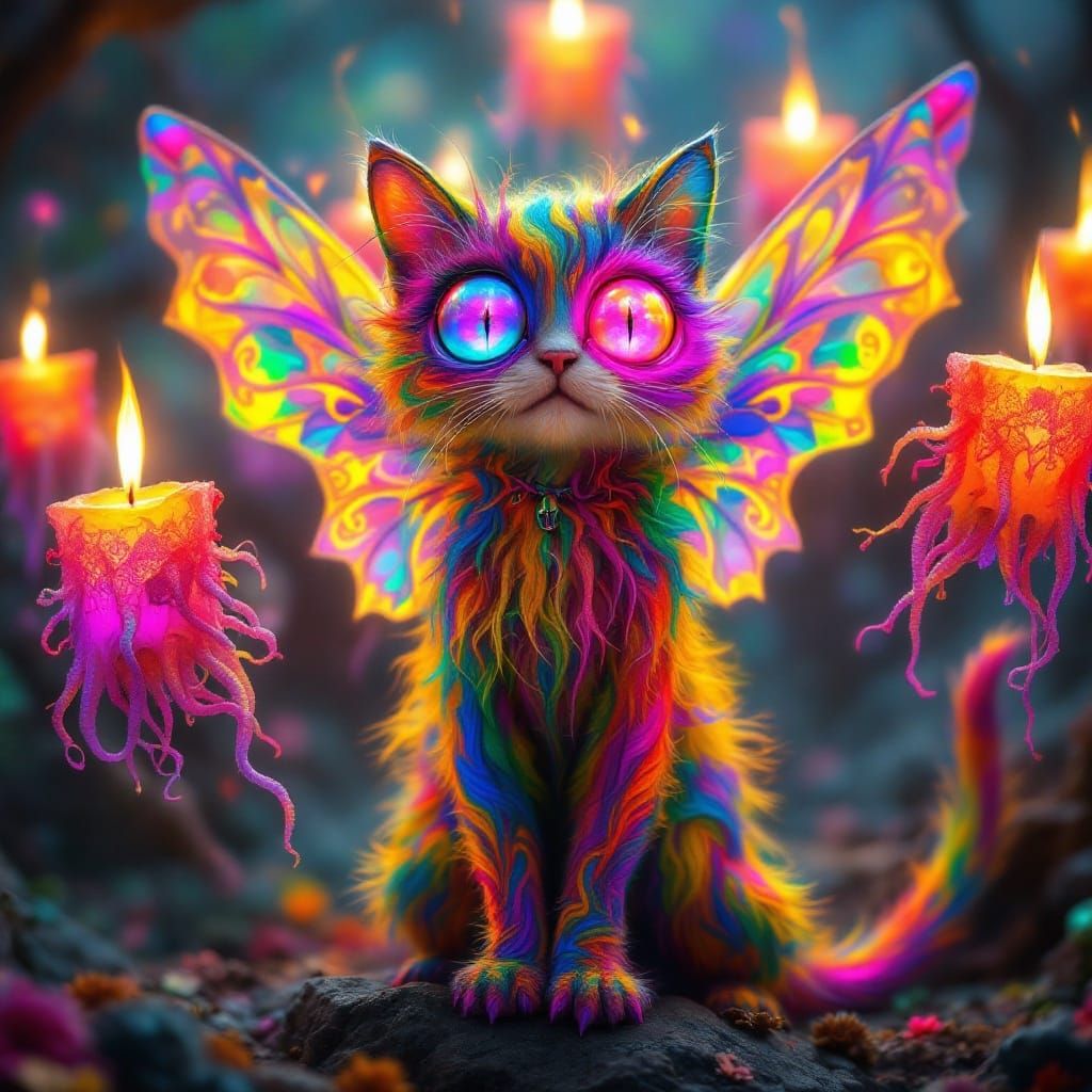Multicolored Fairy Cat in Rastafarian-Inspired, Dreamlike Sc...