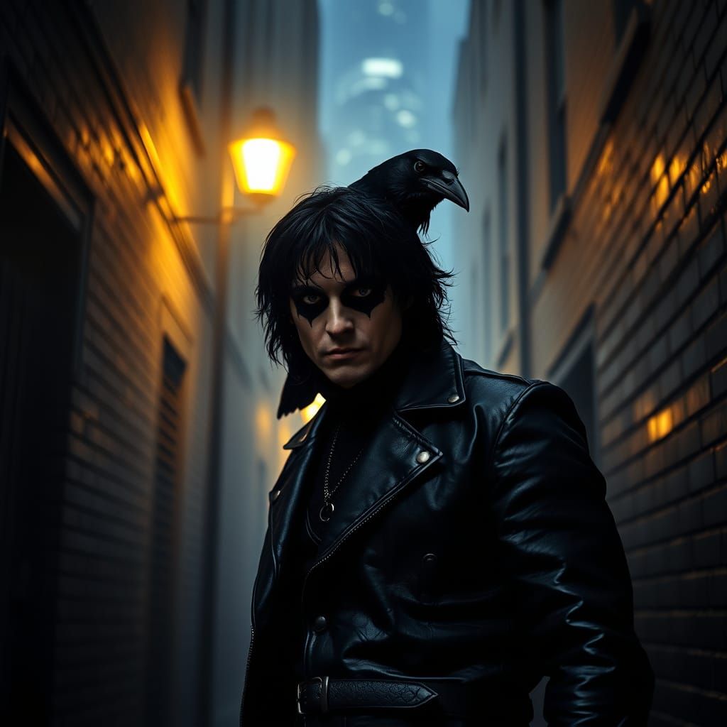 Ethereal Eric Draven in Dark Alleyway, Surrounded by a Majes...