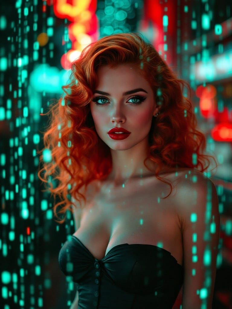 1950s Pin-Up in Cyberpunk Matrix Overlay