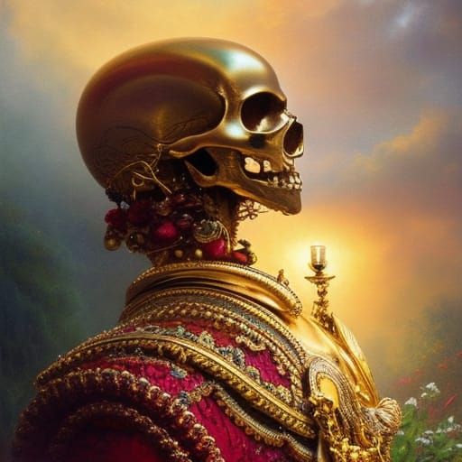 Jeweled Golden Skull in Opulent Still Life