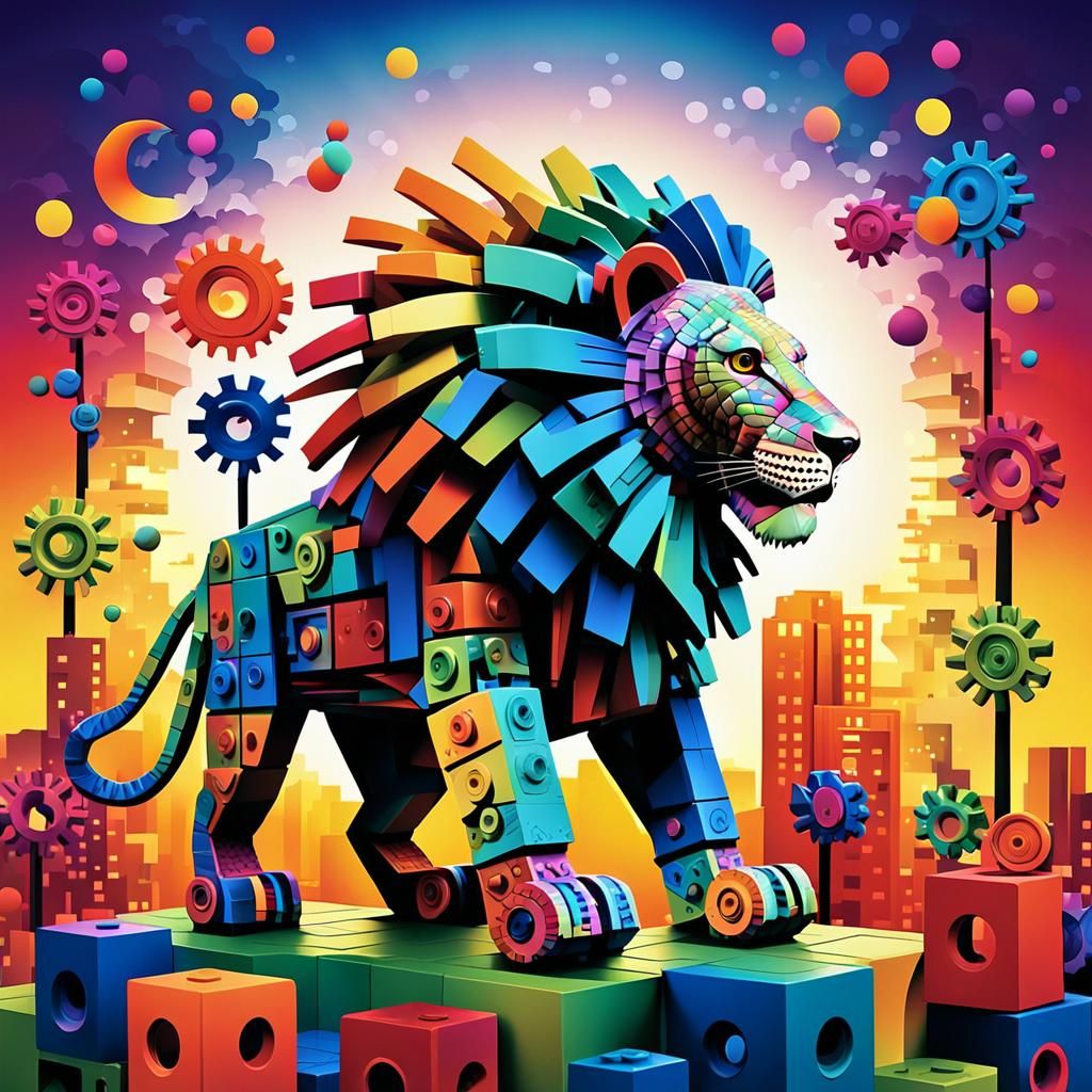 Lion in Cityscape: Fernand Léger-Inspired Digital Art
