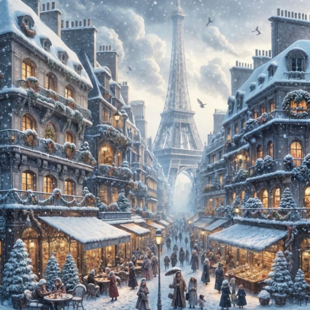 Wintry Paris Street Scene with Eiffel Tower, Fantasy Matte P...