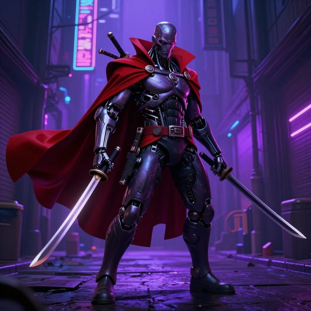 Cyberpunk Troll with Katanas and Crimson Cape