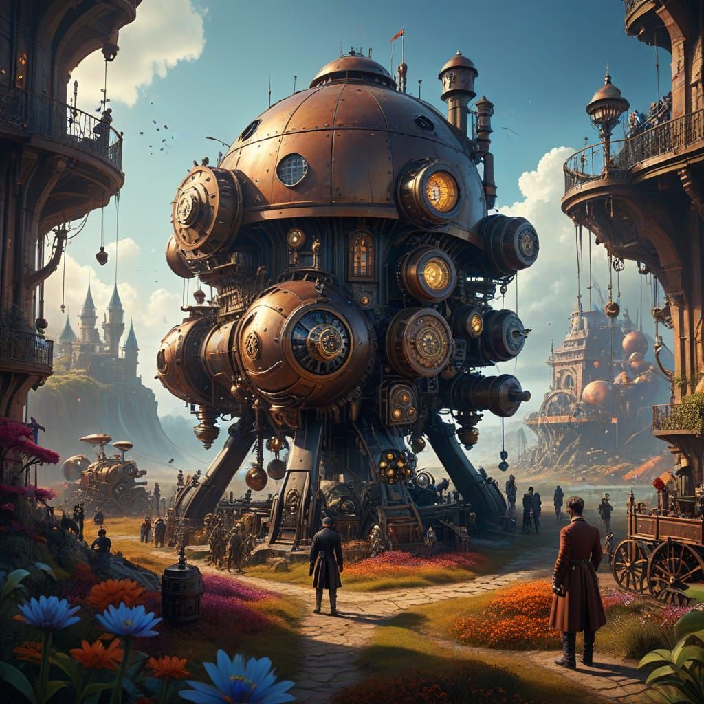 Gulliver Among Tiny Lilliputians in Steampunk World