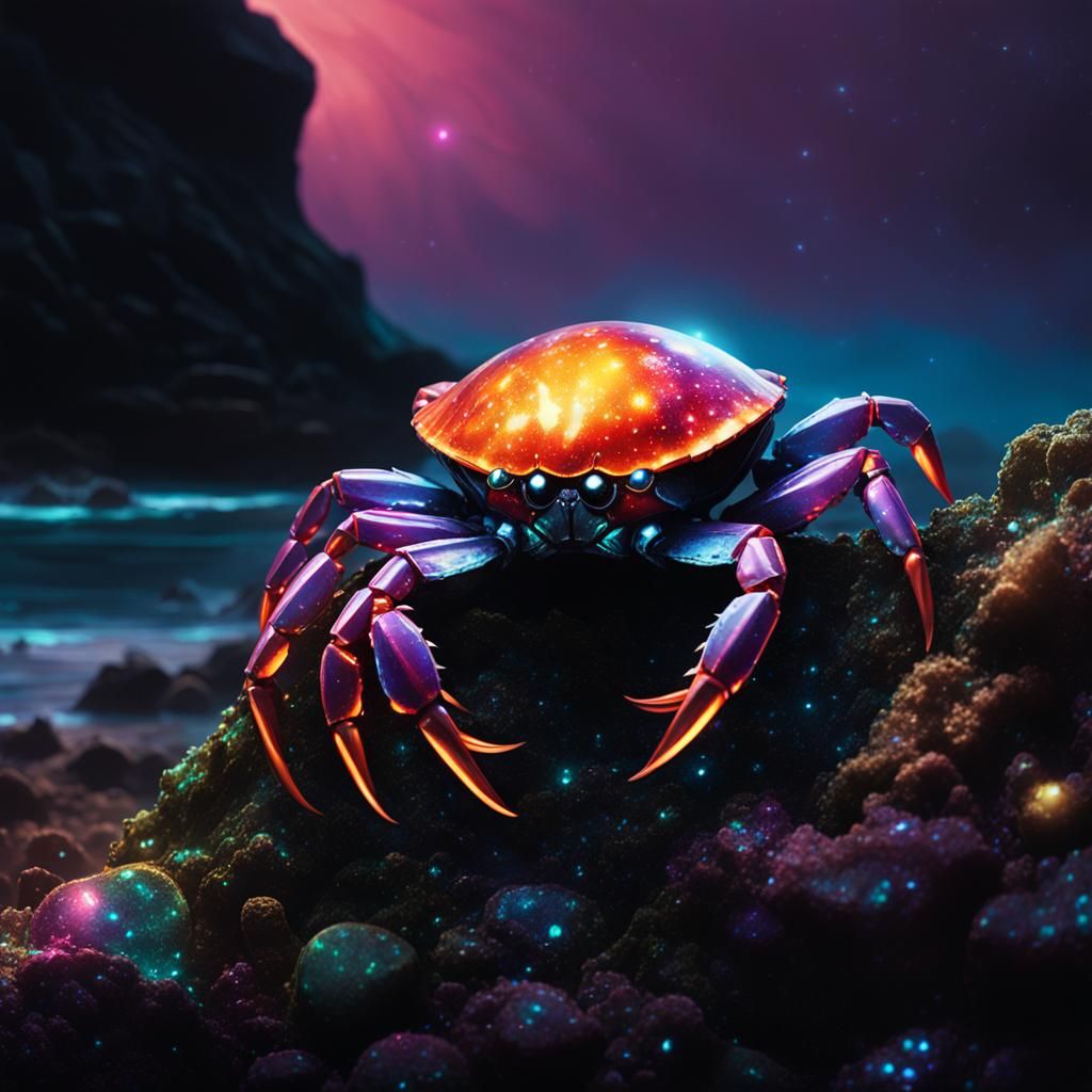Bioluminescent Crab Shimmers on Mystical Beach