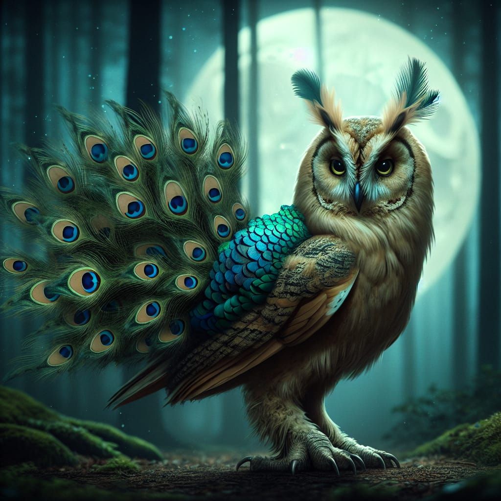realistic Owl/peacock hybrid