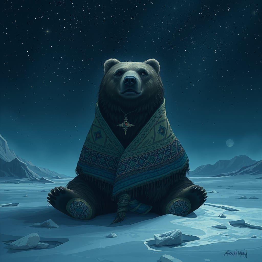 In this captivating digital painting, an anthropomorphic bear dressed in a richly textured, jewel-toned shawl sits conte...