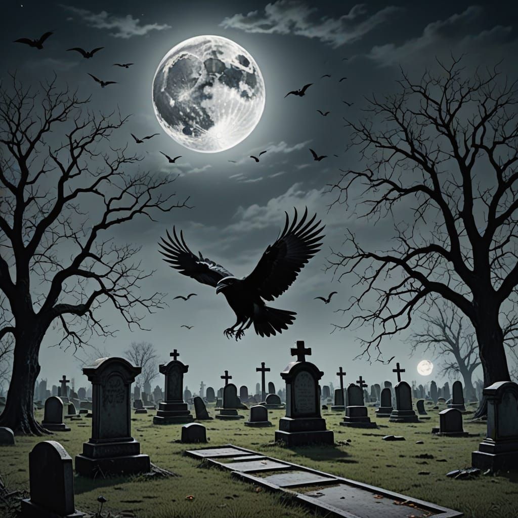 Ghost Crow Flies Over Haunted Cemetery