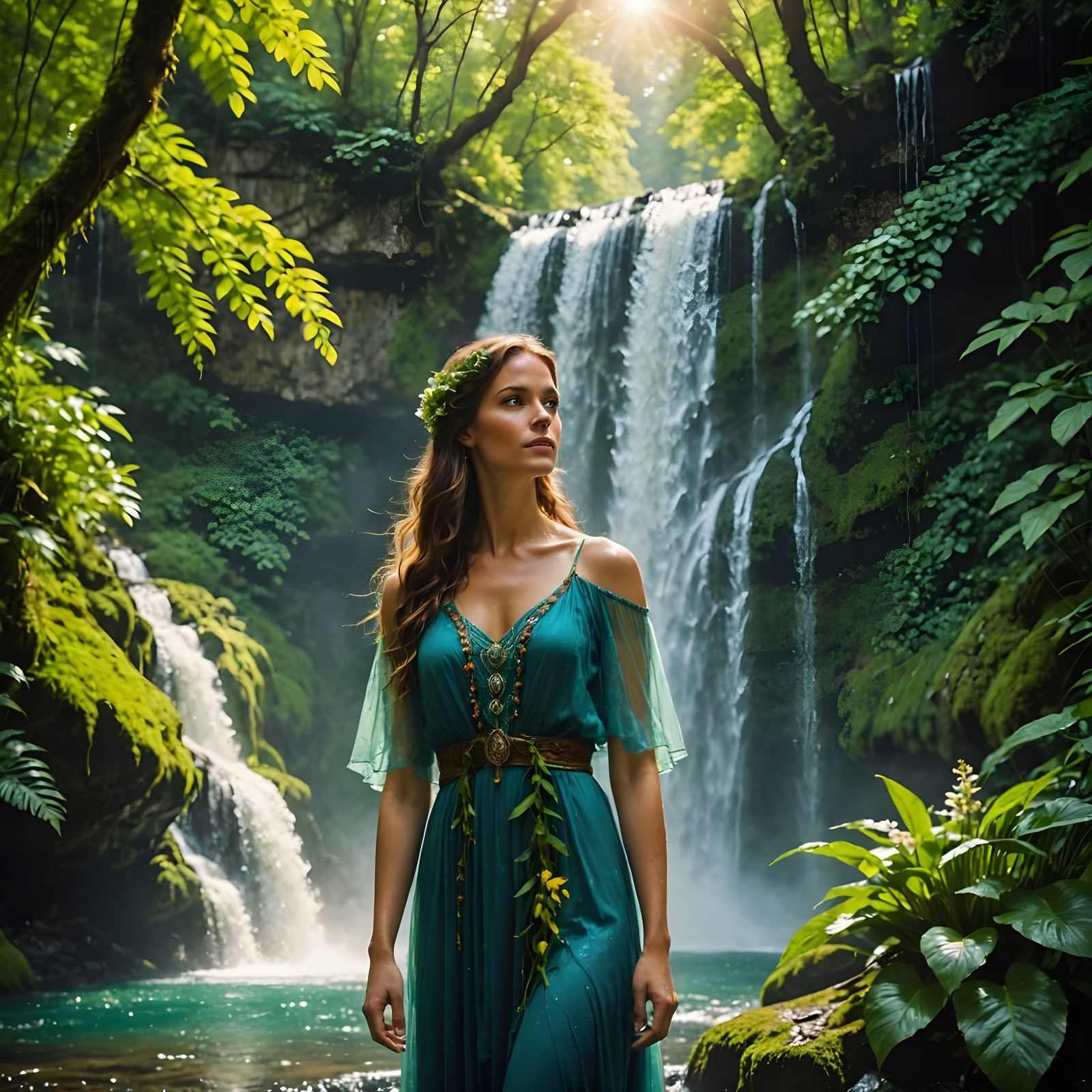 A Woman Surrounded by Lush Forest and Waterfall in Vibrant C...