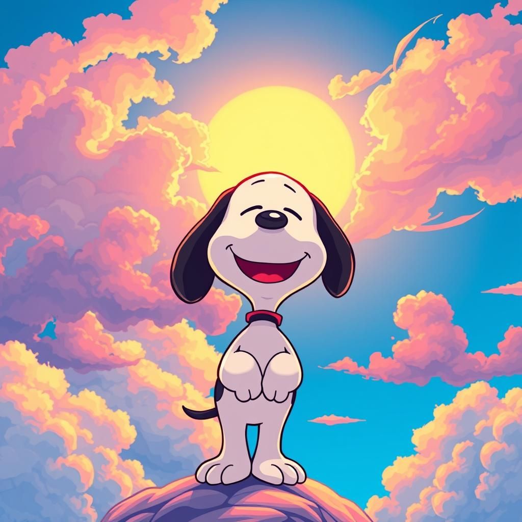 Joyful Snoopy in Manga Style with Swirling Clouds