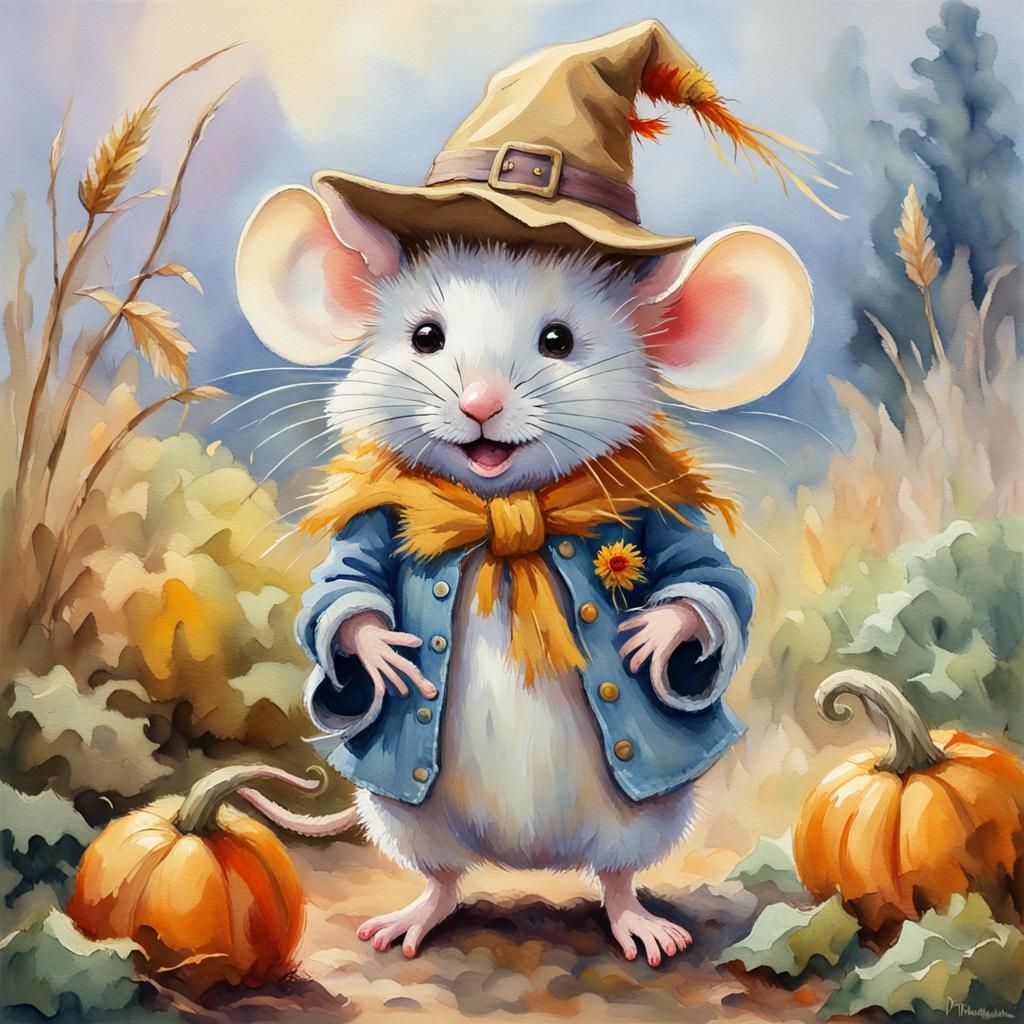 Cute Mouse Scarecrow in Gouache Impressionist Style