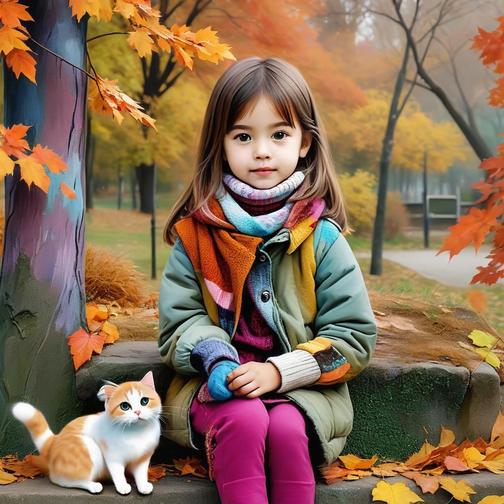 Girl and Kitten in Autumn Park, Stylized 3D Render