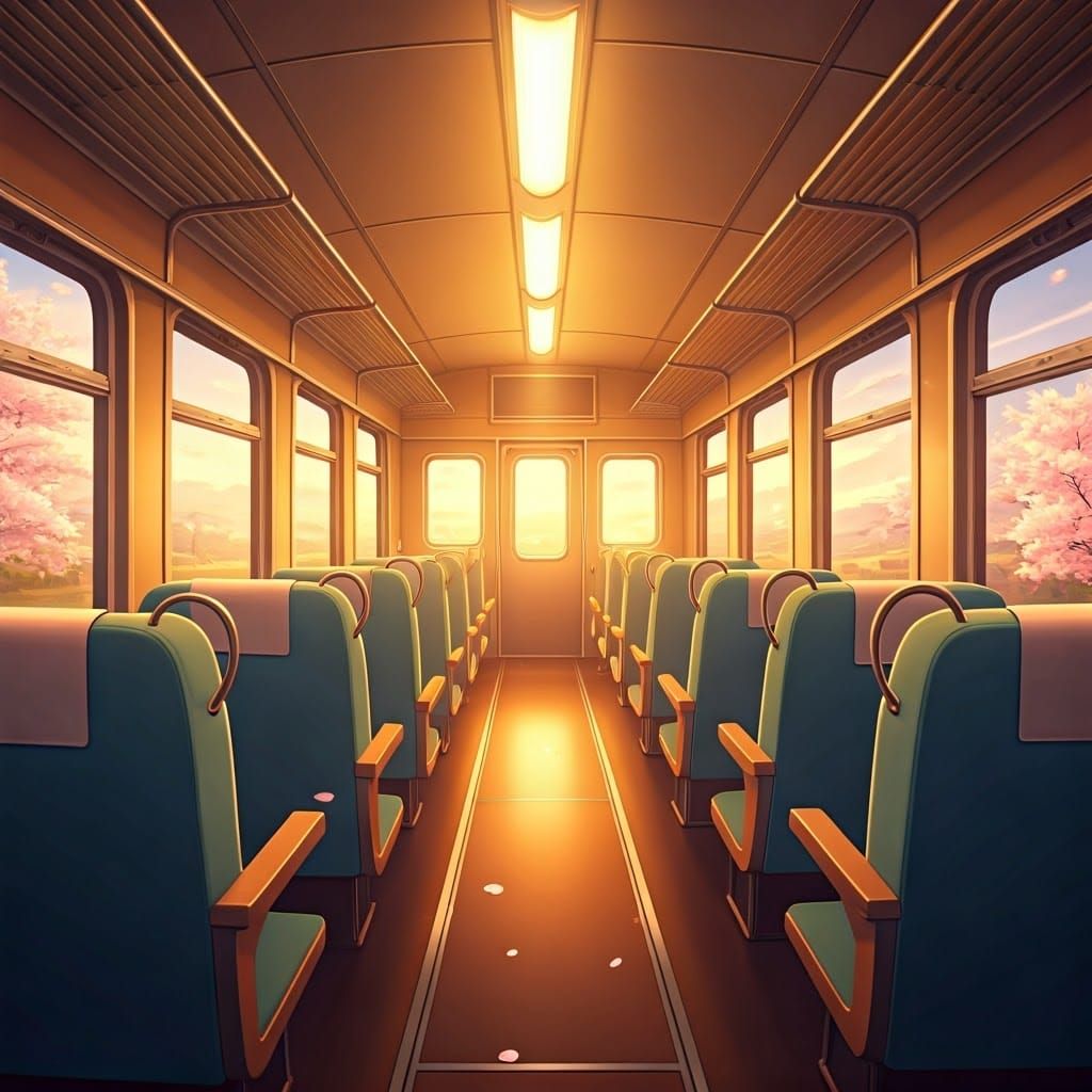 Anime Train Interior in Pastel Hues with Countryside View