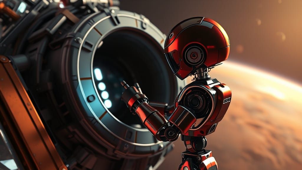 Robot Repairs Spaceship Orbiting Mars, Digital Matte Paintin...