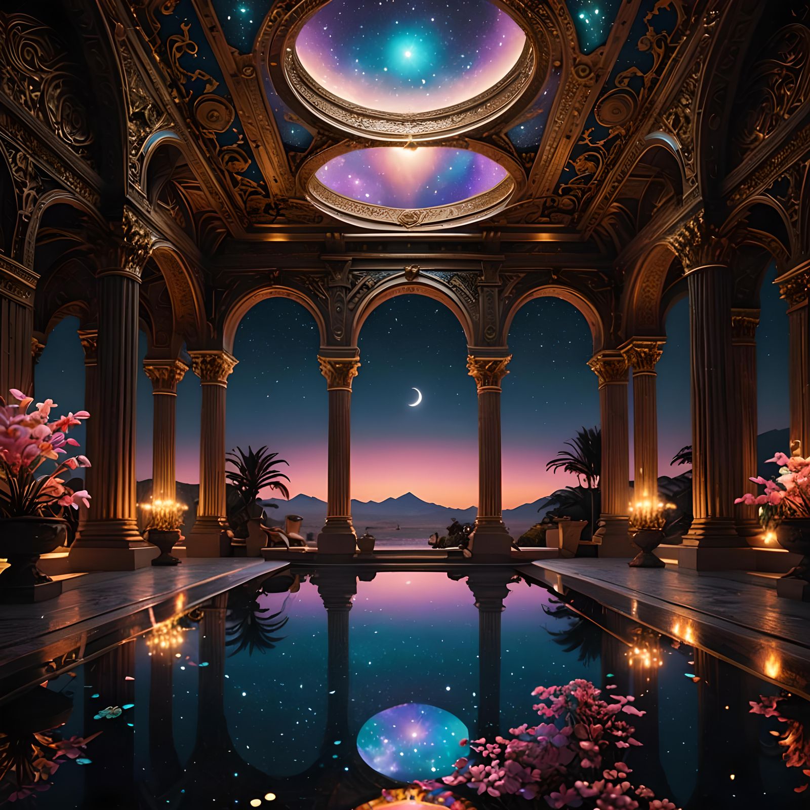Nacreous Oasis at Night in Ornate Style