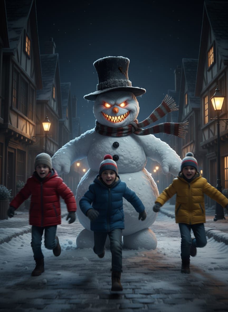 Sinister Snowman Chases Children Under Gaslight