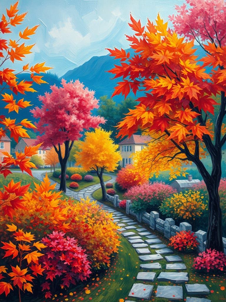 Autumn Village: A Watercolor Impression in Art Nouveau Style