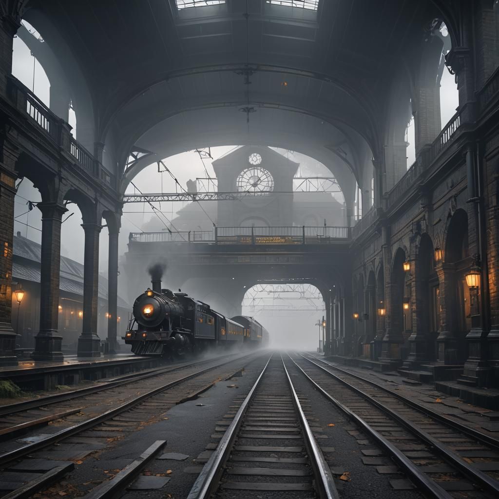 Fog-Laden Train Station in Dark Fantasy Style