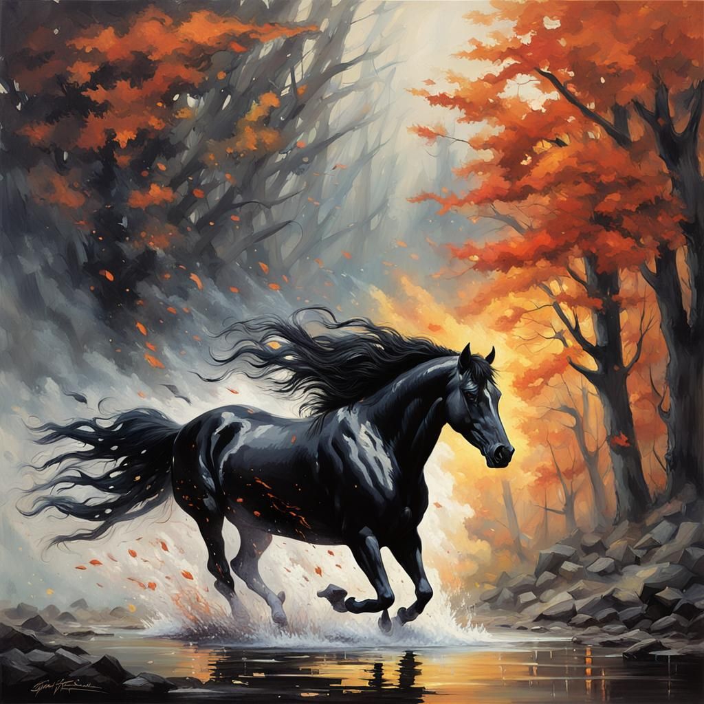 Black Stallion Leaping Through Fire and Leaves