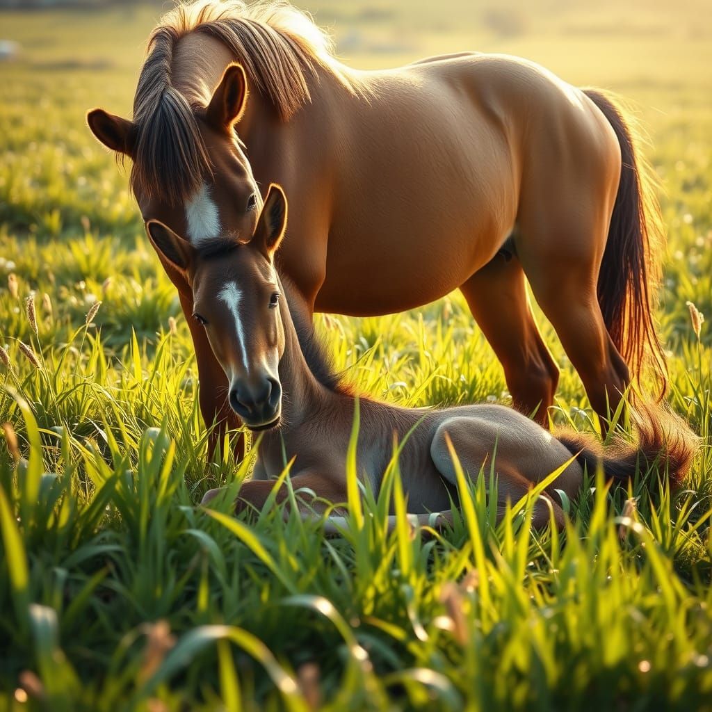 Majestic Mare Nurtures Newborn Foal in Serene Landscape