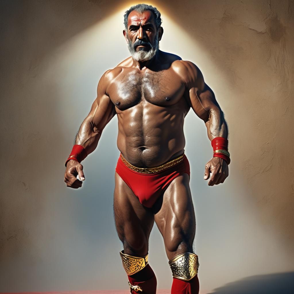 Powerful Moroccan Wrestler Portrait in Hyper-Realistic Style