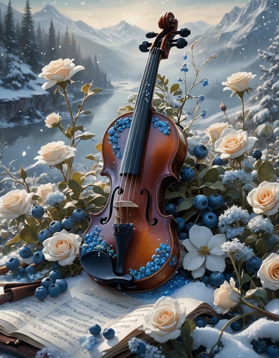 Winter Violin Surrounded by Flowers, Digital Art