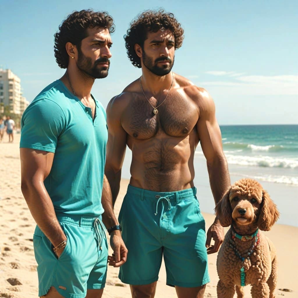 Gay Couple with Poodle on Beach