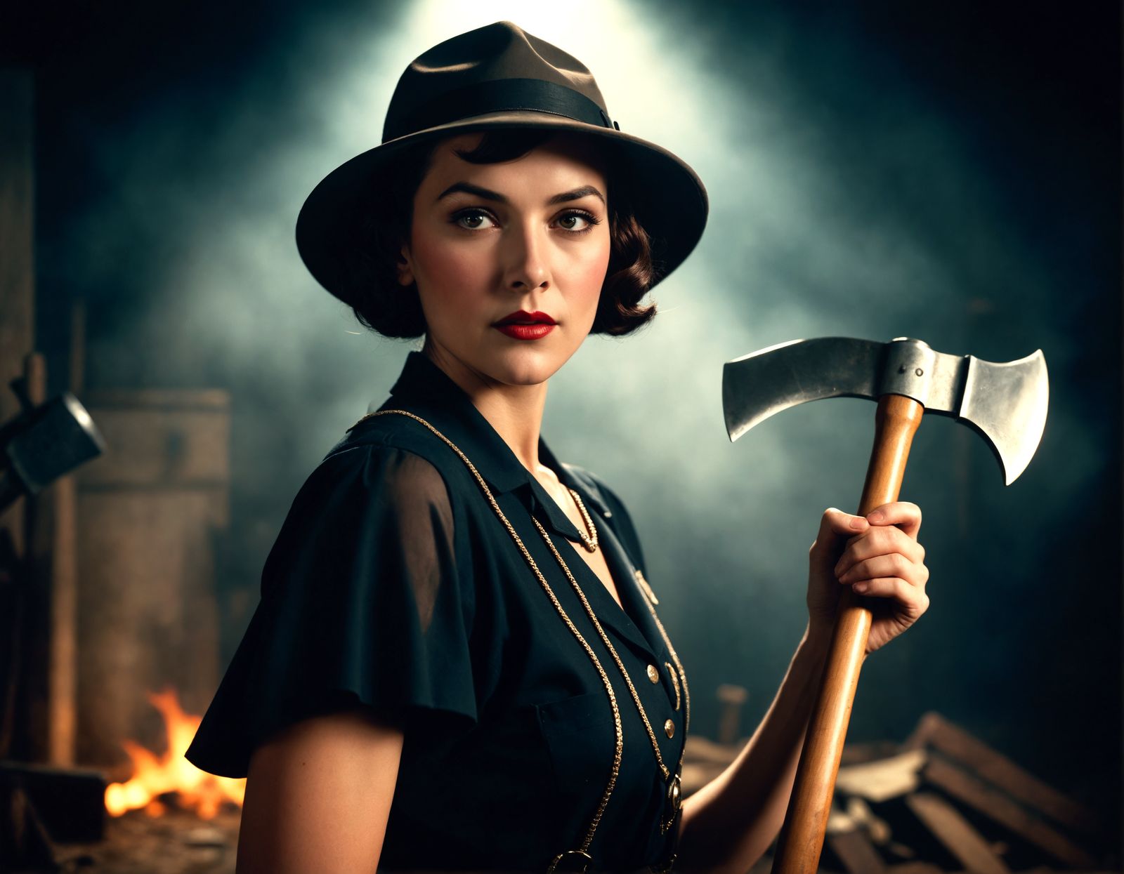 1920s Heiress Wields Fire Axe in Cinematic Black and White