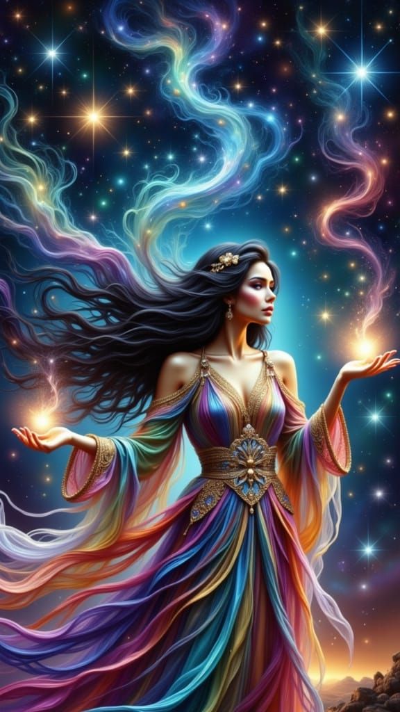 Cosmic Sorceress Casting Spells in Rainbow Nebula