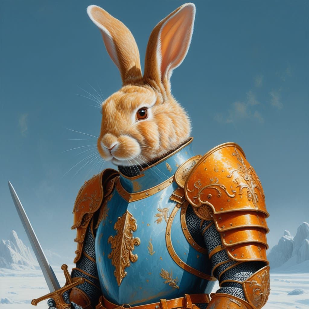 Melancholic Bunny Knight in Oil Painting Style