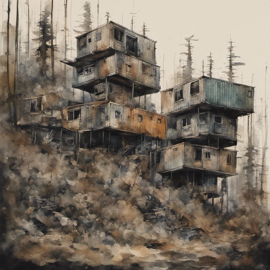 Ruined Cabins in Dismal Forest, Impressionist Watercolor