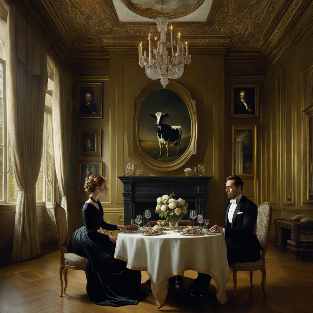 Surreal Manor Dinner with Cow, Magical Realism