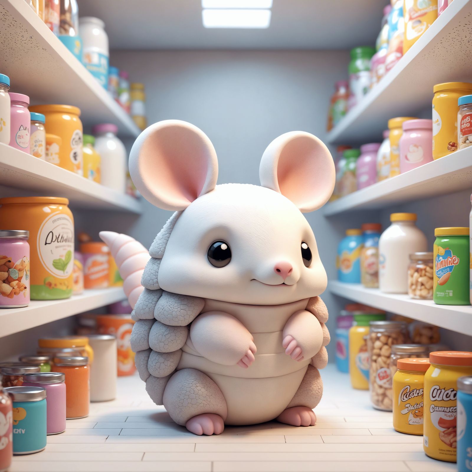 Marshmallow Armadillo in Pantry, CGI Cartoon Style