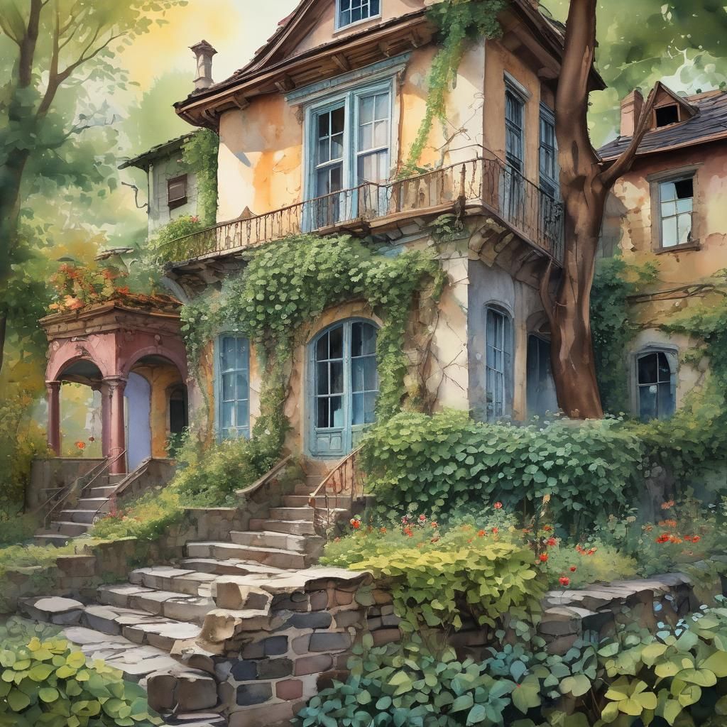 Watercolor House with Overgrown Garden in Fauvist Style