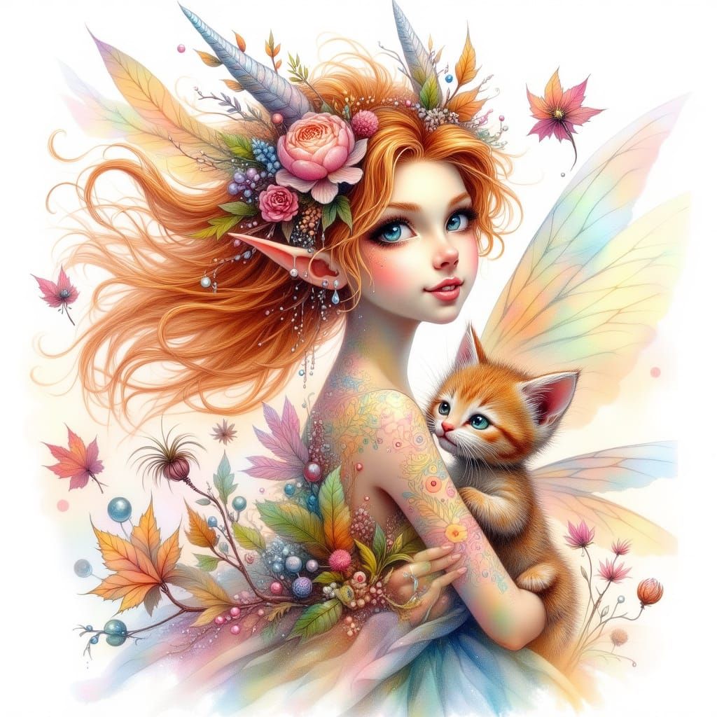 Elegant Elf With Flowers Interacts With Kitten