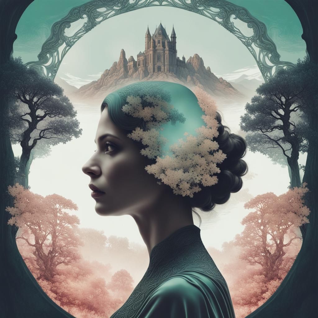 Eldritch Double Exposure Portrait in Art Nouveau Style