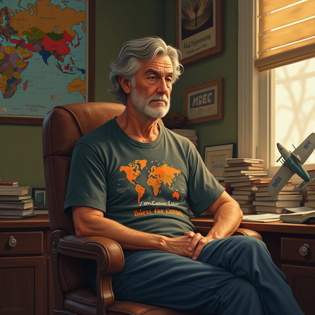 Middle-Aged Man Reflects in Cozy Home Office with Global Tou...