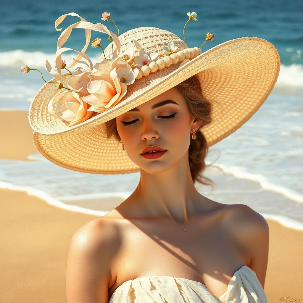 Woman in Beige Hat on Beach, Art Nouveau Style