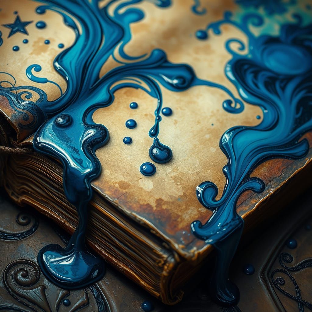 Ink Spill on Leather Book: Fantasy Impressionism